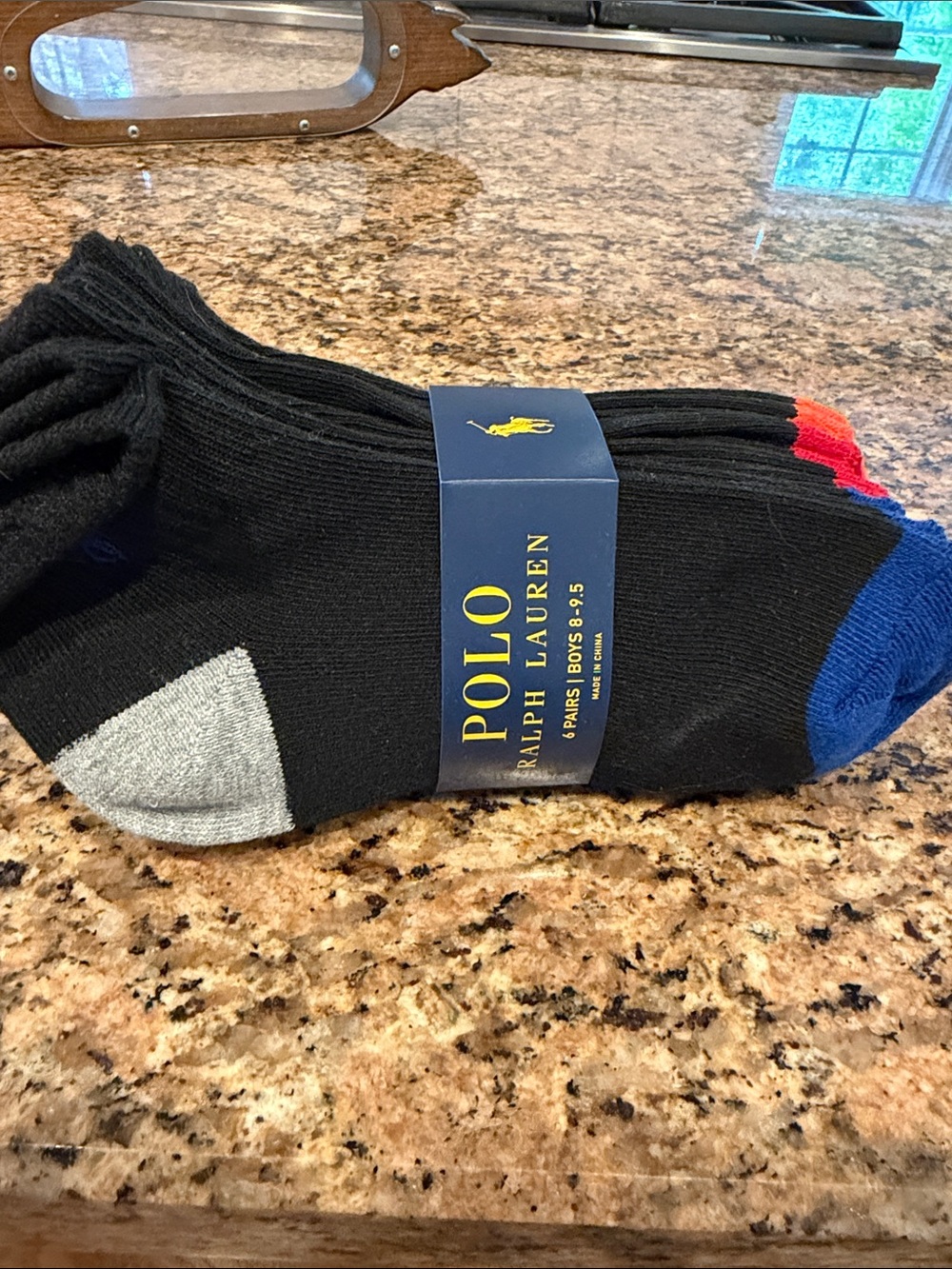NWT Polo by Ralph Lauren BOYS 8-9.5 Black Socks Blue, Red & Orange Accents